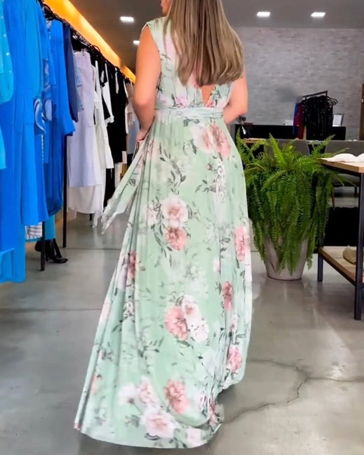 Vera - Elegant Sleeveless V-neck Floral Print Dress