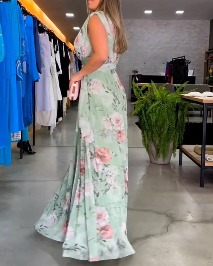 Vera - Elegant Sleeveless V-neck Floral Print Dress