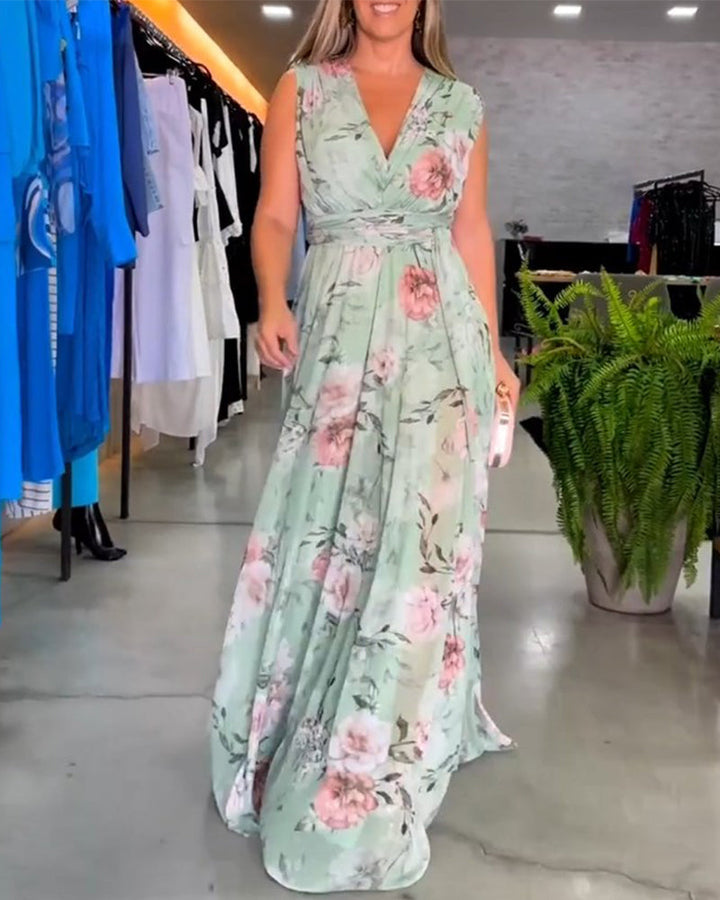 Vera - Elegant Sleeveless V-neck Floral Print Dress