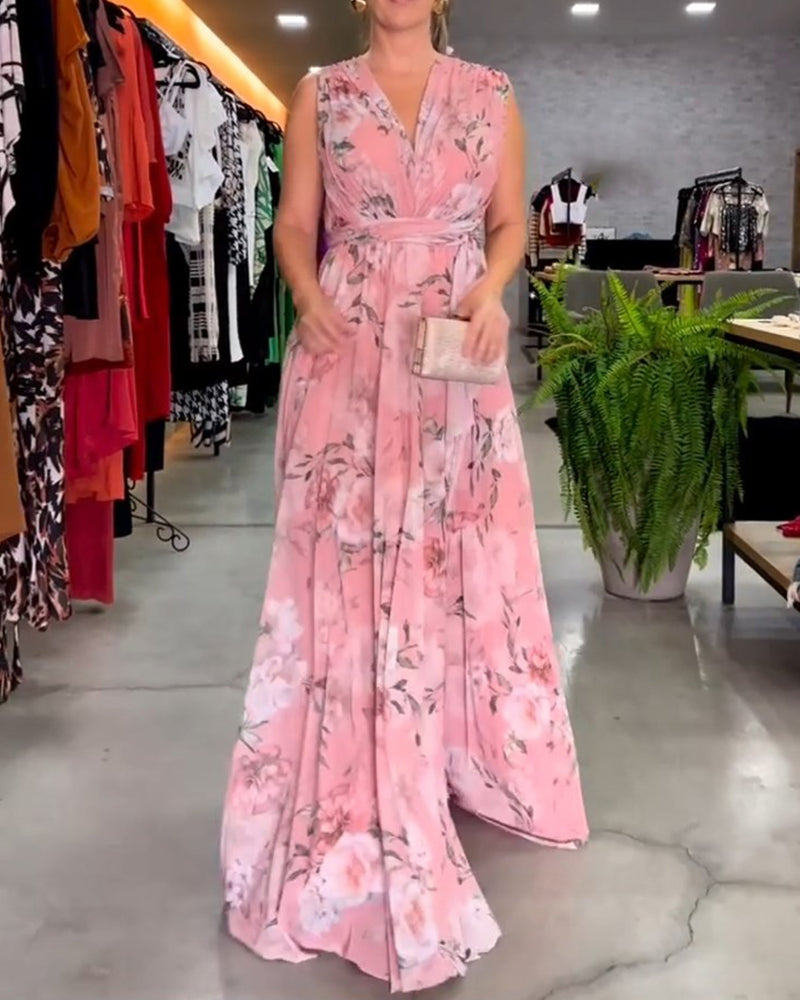 Vera - Elegant Sleeveless V-neck Floral Print Dress