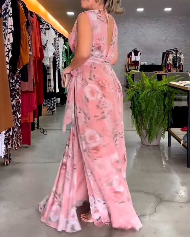 Vera - Elegant Sleeveless V-neck Floral Print Dress