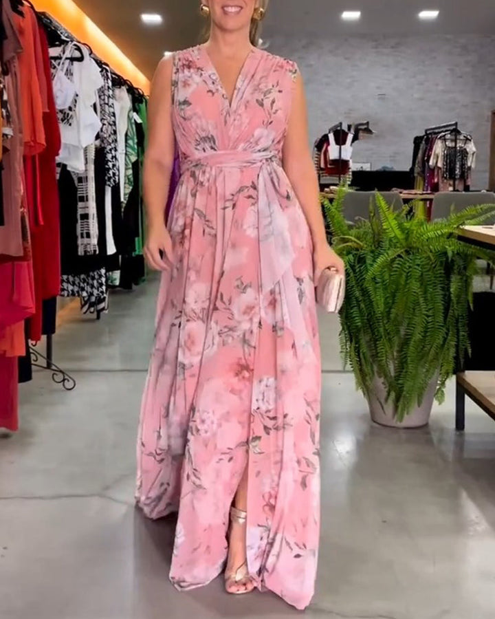Vera - Elegant Sleeveless V-neck Floral Print Dress