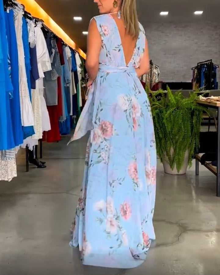 Vera - Elegant Sleeveless V-neck Floral Print Dress