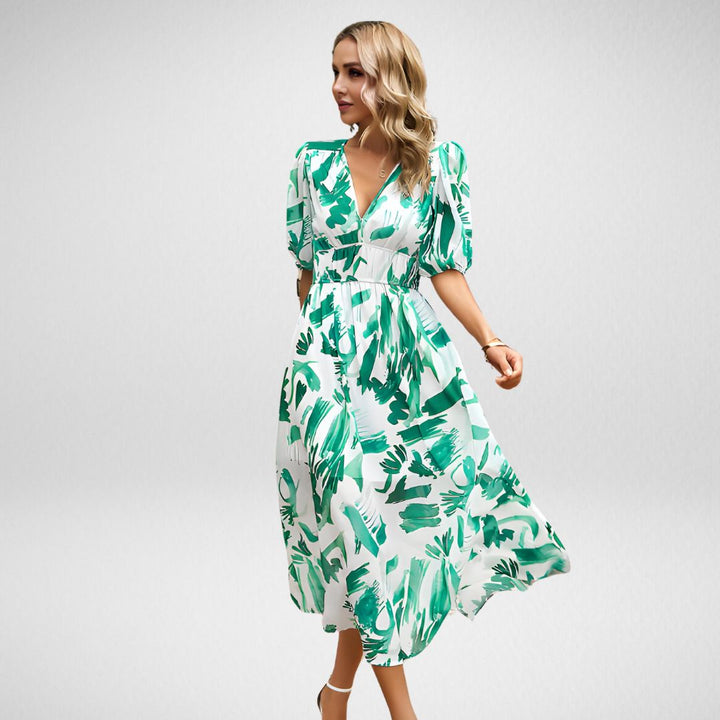 Abby™️ | Elegant Vibrant Pattern V-Neck Dress